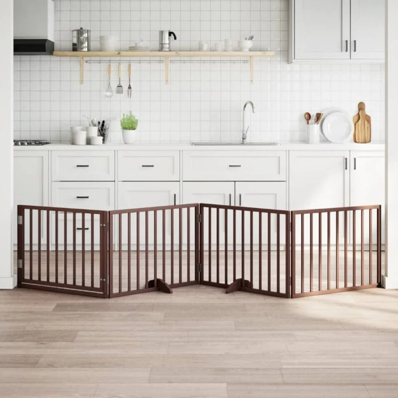 Image of vidaXL Dog Gate with Door Foldable 4 Panels Brown 320cm Poplar Wood, Brown 352201