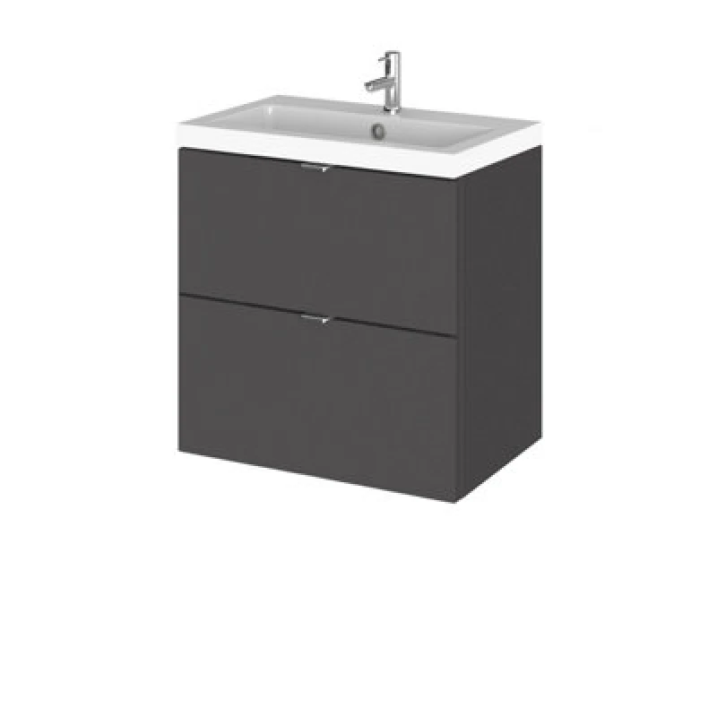 Image of Hudson Reed Fusion Wall Hung 2 Drawer Vanity Unit & Polymarble Basin, Stylish Sink Vanity Unit, Gloss Grey, 500mm