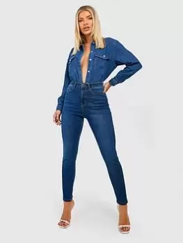 Image of Boohoo High Waisted Super Skinny Jeans - Indigo, Blue, Size 12, Women