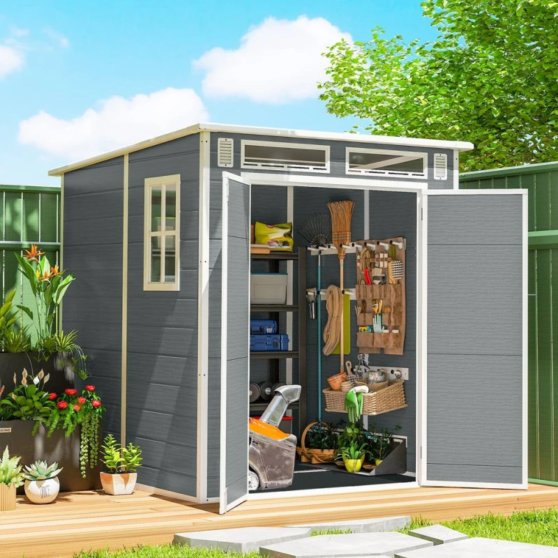 Image of OUTSUNNY 6 x 6ft Plastic Garden Shed with Floor, Lockable Doors in Grey Grey Unisex