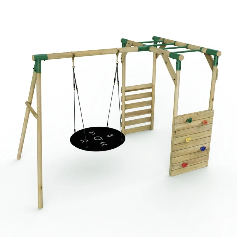 Image of Rebo Wooden Single Swing Set with Climbing Wall and Monkey Bars - Mercury Green Green