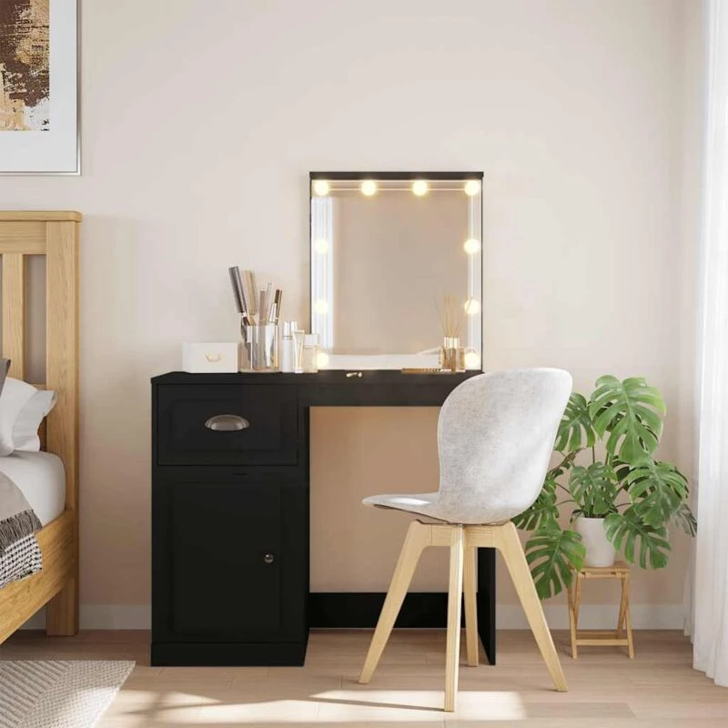 Image of vidaXL Dressing Table with LED Lights Black 90x42x132.5 cm, Black 834971