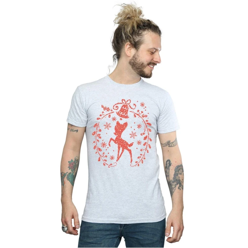 Image of Disney Men Bambi Christmas Wreath T-Shirt in Grey Size: Small Grey S Male 5057245990615