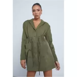 Image of I Saw It First Khaki Woven Bold Shoulder Drawcord Waist Oversized Blazer Dress - Green
