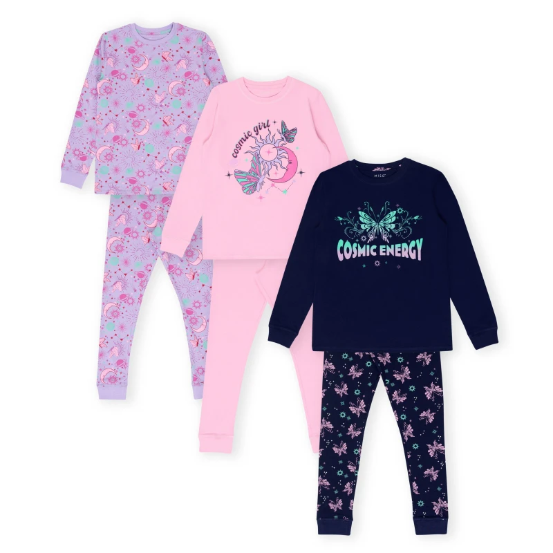 Image of Miso Girls 3 Pack Cosmic Pyjama Set - Purple Purple 6 - 7 Years