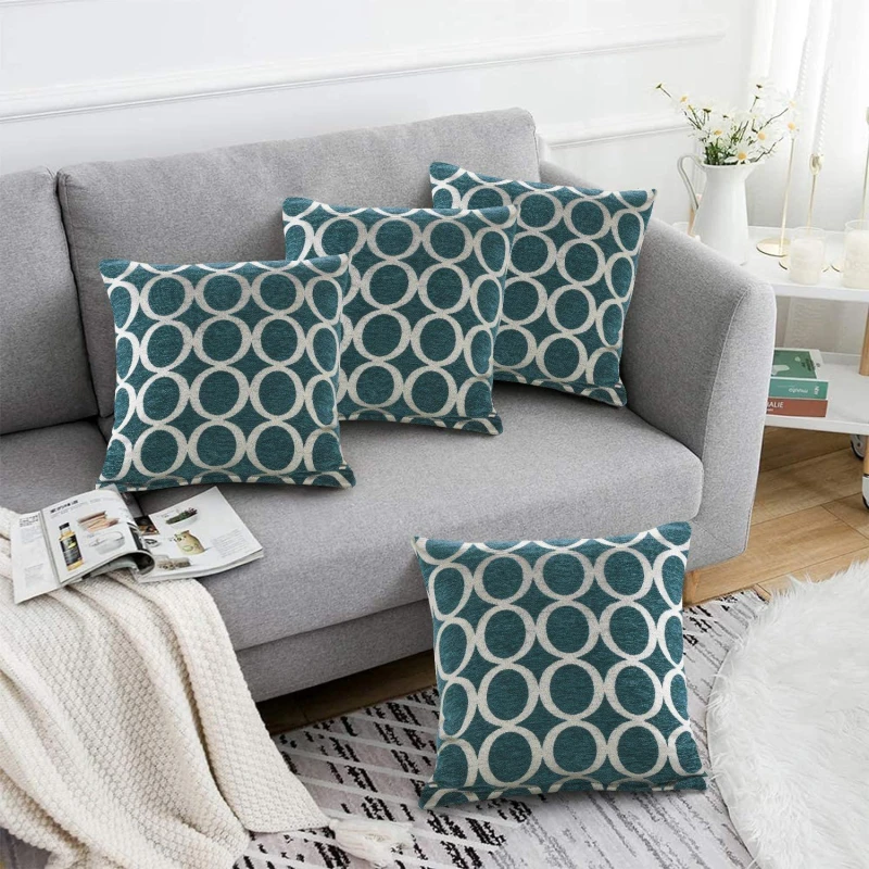 Image of Alan Symonds Geometric O Chenille Cushion Set of 4 Teal unisex 45x45cm