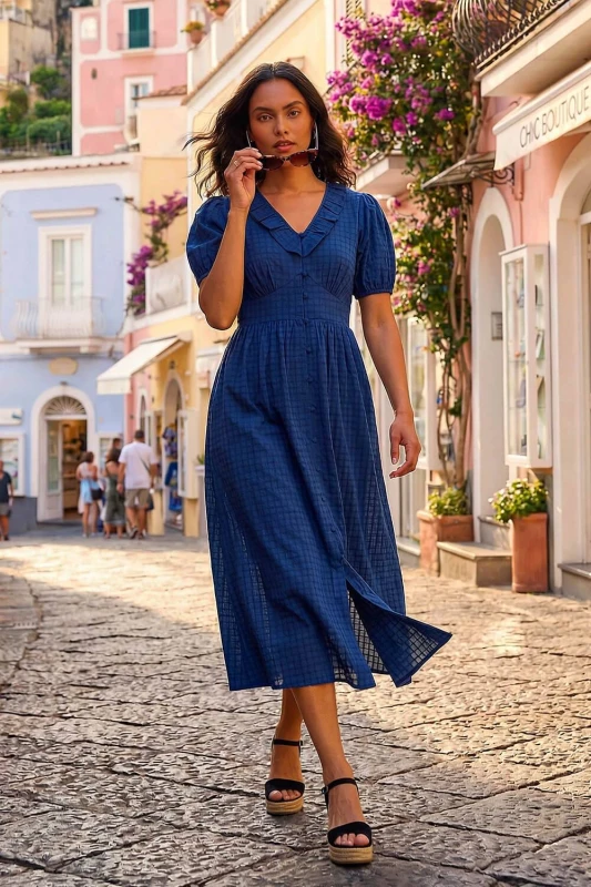 Image of Roman Womens Textured Frill Midi Dress in Navy Size: 14 Navy Female 14