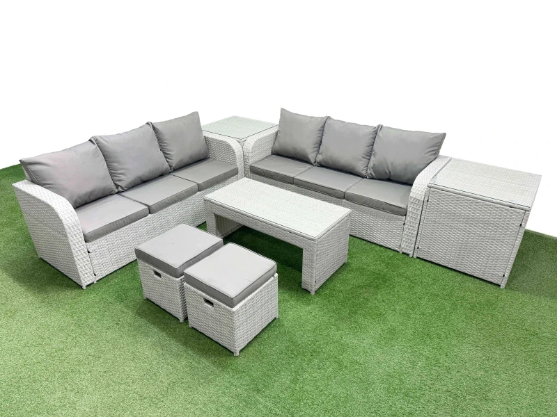 Image of Fimous Outdoor Garden Furniture Sets 8 Seater Wicker Rattan Furniture Sofa Sets with Oblong Coffee Table high Back Lounge Sofa Stools 2 Side Table Lig