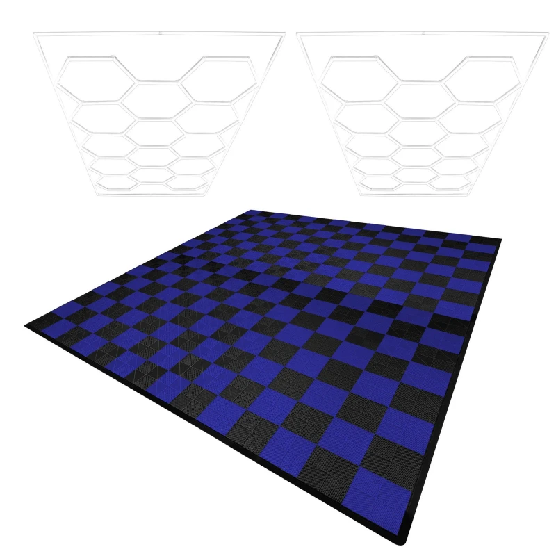 Image of Monstershop Hexagon LED Lights x 2 & Vented Garage Floor Tiles With Edges - 120 Black & 120 Blue Black