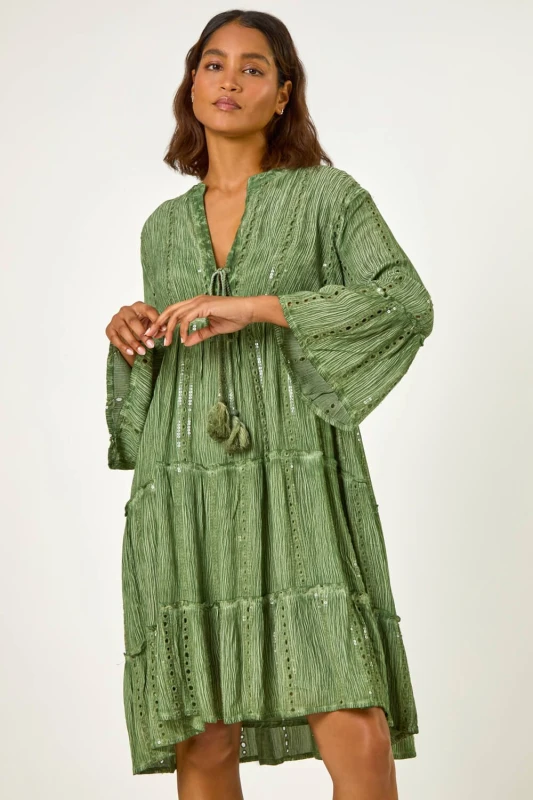 Image of Roman Womens Shimmer Tie Detail Smock Dress in Green Size: 12 Green Female 12