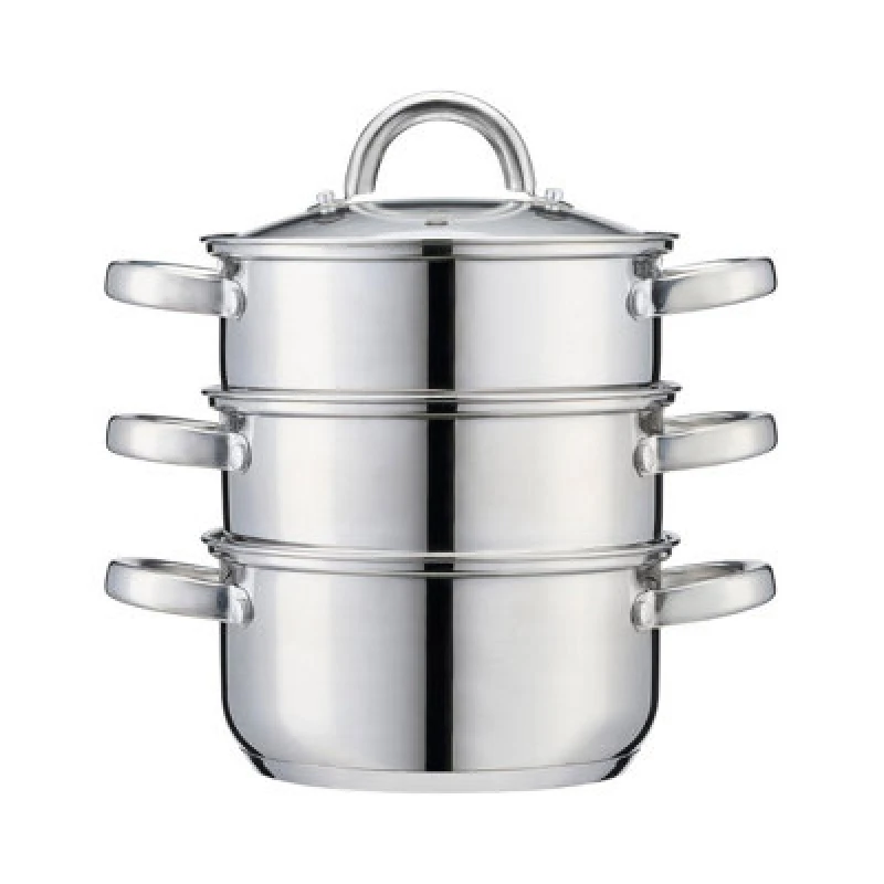 Image of Cooks Professional 3 Tier Stainless Steel Steamer Pan - Suitable For All Hobs Inc Induction - Dishwasher Safe - 18Cm Diameter
