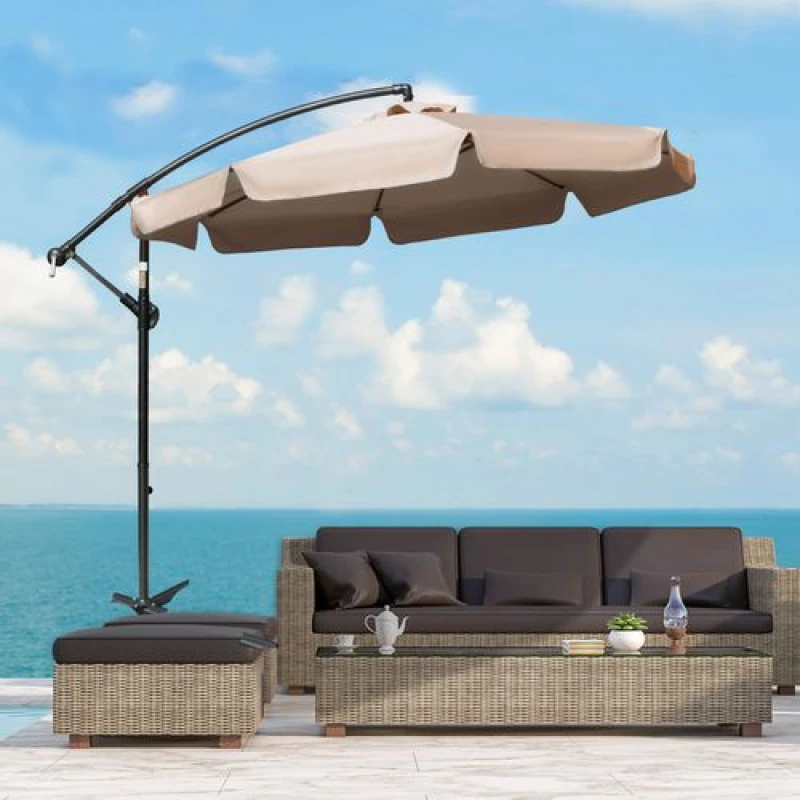 Image of Outsunny 2.7m Garden Cantilever Banana Parasol Sun Shade with Crank Light Brown - Brown - Outsunny 5056725329587