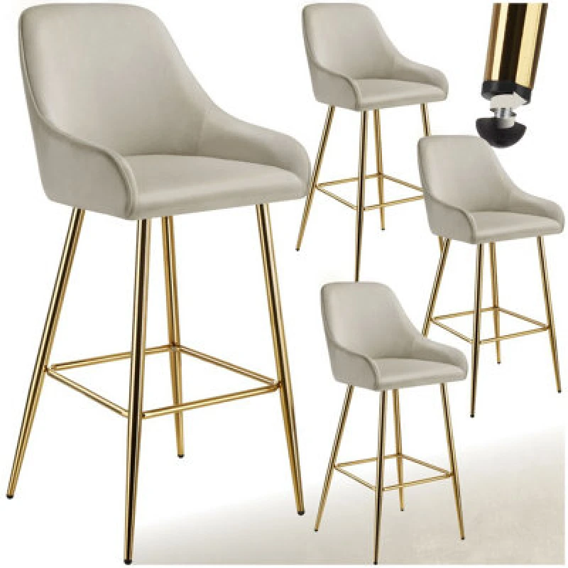 Image of Tectake Bar Stool Avane - With Backrest, Upholstered, Velvet Look - Cream/gold, Set Of 4