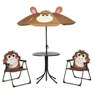 Image of Outsunny Kids Picnic & Table Chair set, Outdoor Folding Garden Furniture w/ Monkey Design, Removable, Adjustable Sun Umbrella, Ages 3-6 Years - Brown