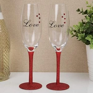 Image of Set of 2 Champagne Flutes with Red Diamante Hearts - LOVE