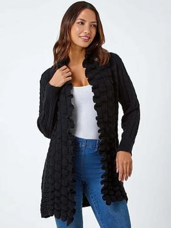 Image of Roman Longline Ruffle Detail Cardigan Black female