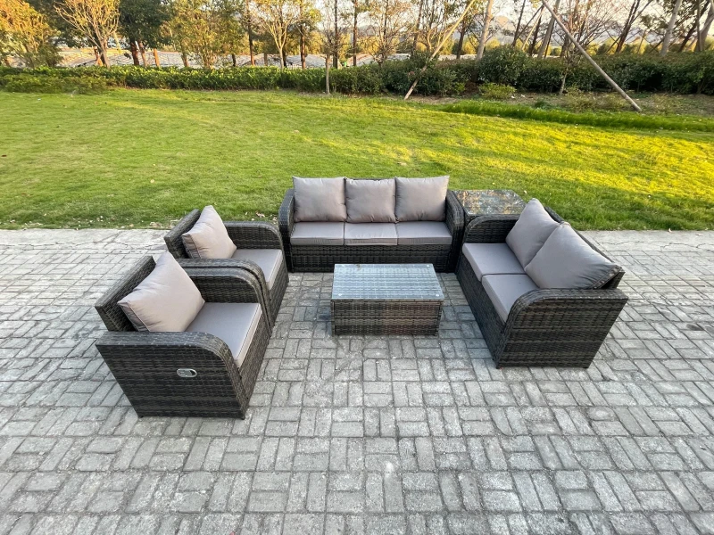 Image of Fimous 7 Seater Rattan Wicker Garden Furniture Patio Conservatory Sofa Set with Rectangular Coffee Table 3 Seater Sofa Love Sofa Side Table Dark Grey