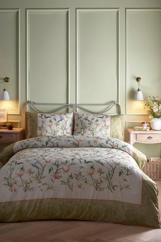 Image of Appletree 'Fiorella' 100% Cotton Floral & Bird Print Duvet Cover Set in Natural Size: Double Natural Unisex Double