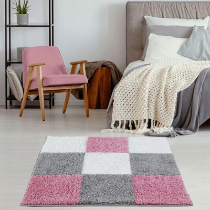 Image of THE RUGS Fluffy & Soft Shaggy Rugs Living Room Rug in Pink - Elegant Geometric Design Carpets For Bedrooms & Kitchen 381 Size: 120cm x 120cm Pin