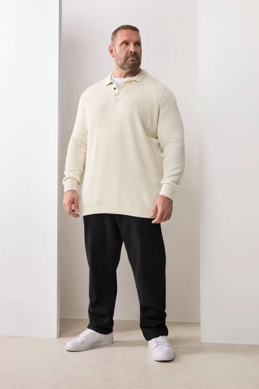 Image of BadRhino Mens Chunky Knit Collared Jumper in Natural Size: 5-6XL Natural Male 5-6XL