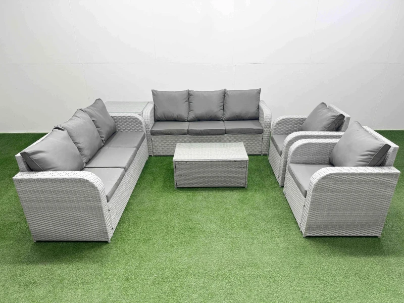 Image of Fimous PE Rattan High Back Lounge Sofa Set Patio Coffee Table & Chairs Set with 3 Seater Sofa Reclining Chair Side Table Light Grey Light Grey