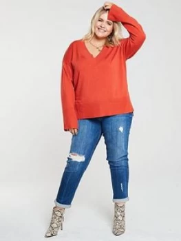 Image of Oasis Curve V Neck Step Hem Vicky Jumper - Orange