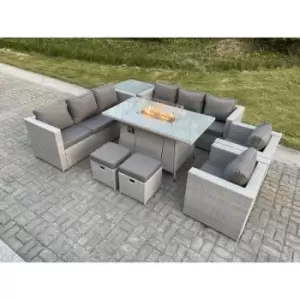 Image of Fimous 8 Seater Outdoor Light Grey Rattan Fire Pit Lounge Complete Sofa Set with Gas Heater and 2 Stools