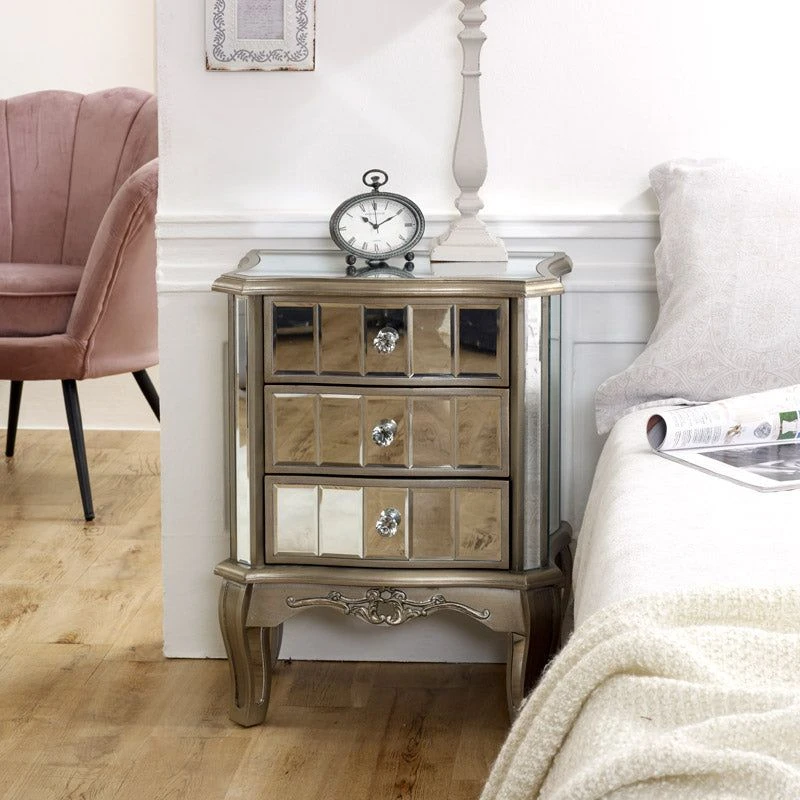 Image of Melody Maison Mirrored 3 Drawer Bedside Table - Tiffany Range Silver