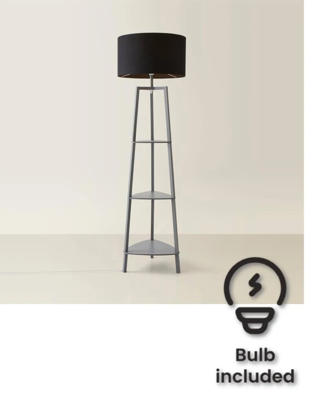 Image of ValueLights ValueLights Hiru Grey 3 Tier Shelf Floor Lamp with Large Drum Shade and Bulb in Black One Size Unisex 5059406034480