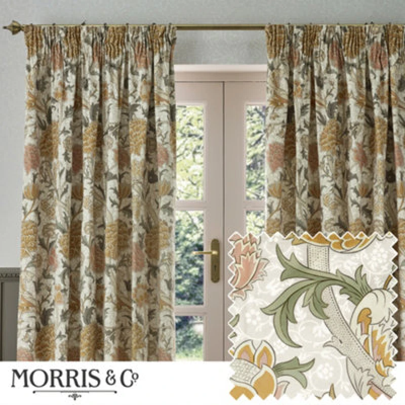 Image of Morris & Co Morris & Co Cray Floral Velvet Room Darkening Pencil Pleat Curtains in Stone Size: 168cm width x 183cm drop Stone 168cm width x 183cm dr