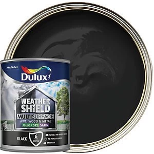 Image of Dulux Weathershield Multi Surface Quick Dry Black Satin Paint 750ml