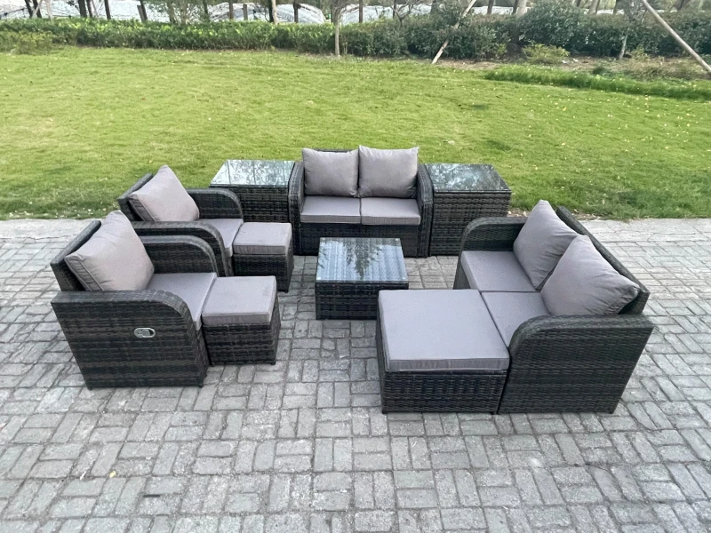 Image of Fimous Garden Furniture Set Rattan Outdoor Lounge Sofa Chair With Tempered Glass Table 3 Footstools 2 Side Tables Dark Grey Mixed Dark Grey