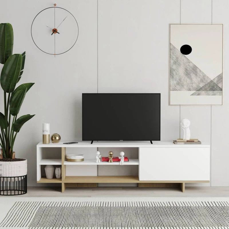 Image of Decortie Modern Stockton TV Unit With Flip-door & 4 Shelves 160Cm White Oak, Multi 8.68363E+12