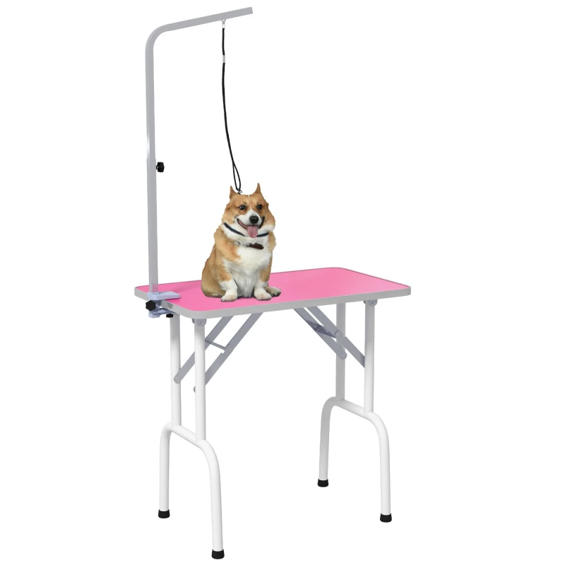 Image of PawHut Foldable Dog Grooming Table Adjustable Arm for Small Dogs 81x49x80cm Pink