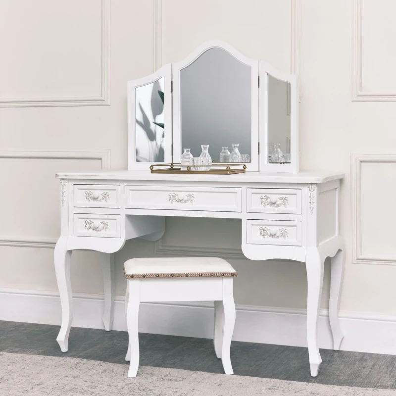 Image of Melody Maison Antique White Dressing Table Desk With Triple Mirror And Stool - Pays Blanc Range White