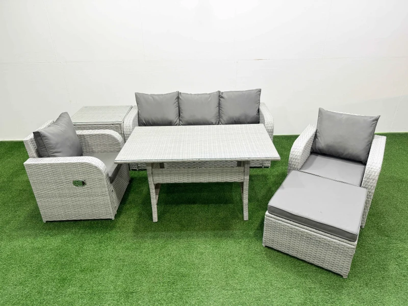 Image of Fimous PE Rattan Garden Furniture Set Reclining Chair Sofa Lounge Sofa Set Rectangular Dining Table Side Table Big Footstool Light Grey Light Grey