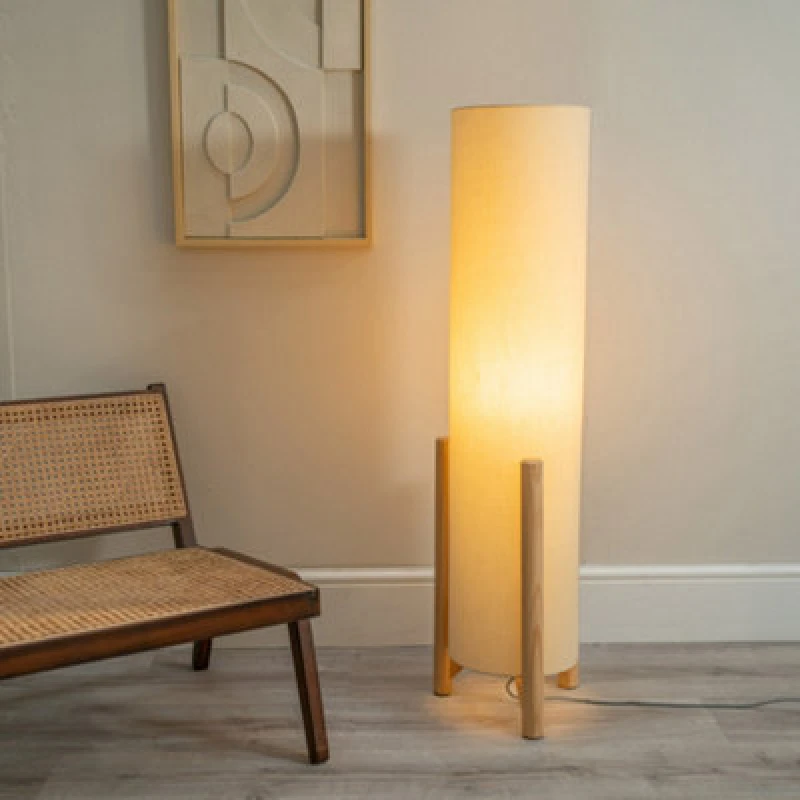 Image of ValueLights Henry Wooden Base Midi Floor Lamp with Tall Fabric Shade Cream