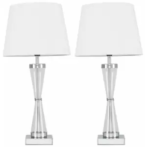 Image of Minisun - 2 x Chrome Hourglass Table Lamps with a Tapered Shades - White - No Bulb