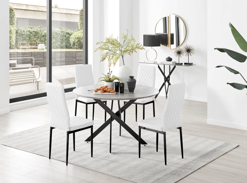 Image of FurnitureboxUK FurnitureboxUK Novara Grey Concrete Effect Black Leg 120cm Round Dining Table & 4 Milan Black Leg Chairs in Off White Off White One Siz