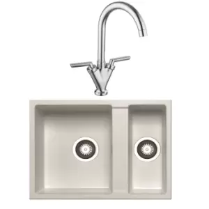 Image of Enza 1.5 Bowl White Undermount Granite Kitchen Sink & Kitchen Mixer Tap in Chrome