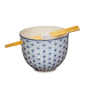 Image of Sass & Belle Sashiko Pattern Noodle Bowl with Chopsticks