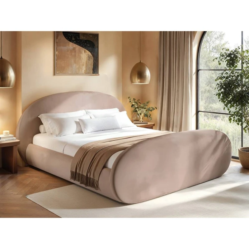 Image of Flair Amos Oval Headboard Side Lift Ottoman Bed Beige Velvet Size: Double Beige Unisex Double