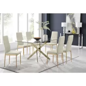 Image of Furniturebox UK - Furniturebox Leonardo 6 Gold Leg Glass Dining Table and 6 Cream Milan Velvet Dining Chairs With Gold Legs Diamond Stitch Modern