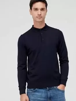 Image of BOSS Bono-l Longsleeve Knitted Polo Shirt, Dark Blue, Size S, Men
