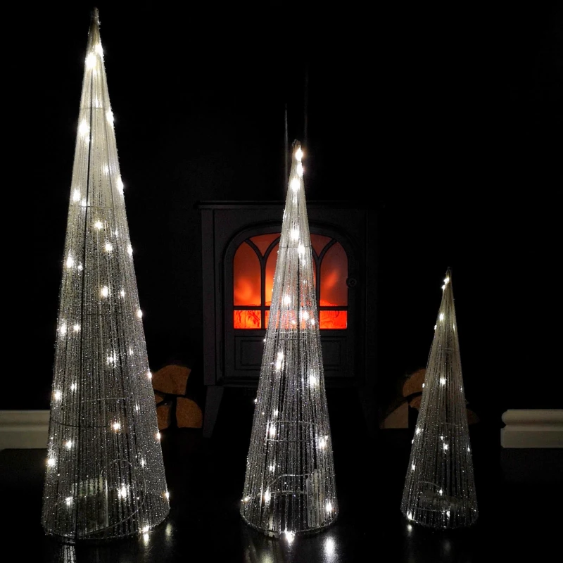 Image of LED Tree Cone Obelisk Trio with 90 LEDs in Silver
