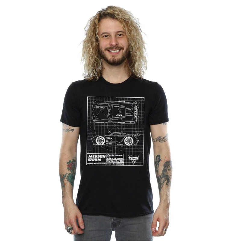 Image of Disney Men Cars Jackson Storm Blueprint T-Shirt in Black Size: Small Black S Male 5057245932233