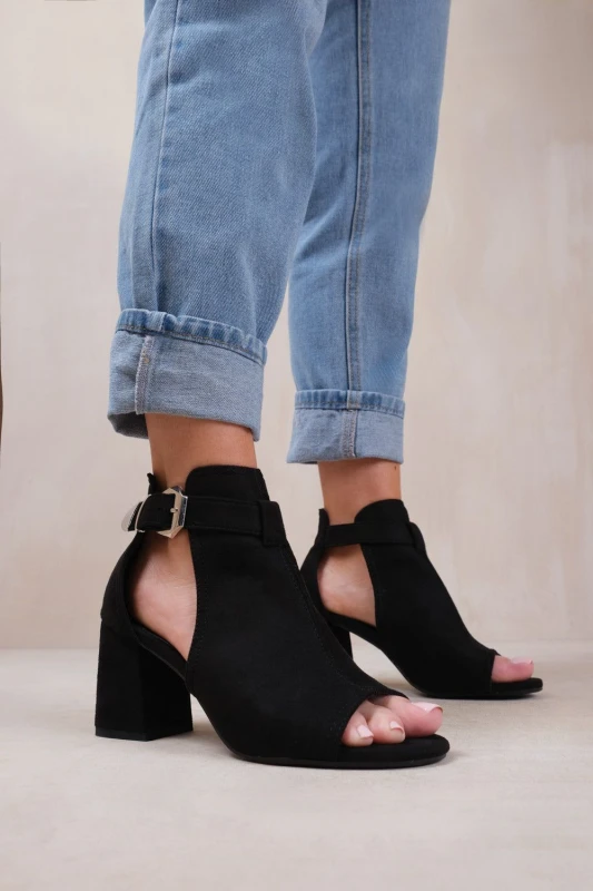 Image of Wheres That From Lisa Wide Fit Block Heel With Side Buckle And Open Black Suede female 7