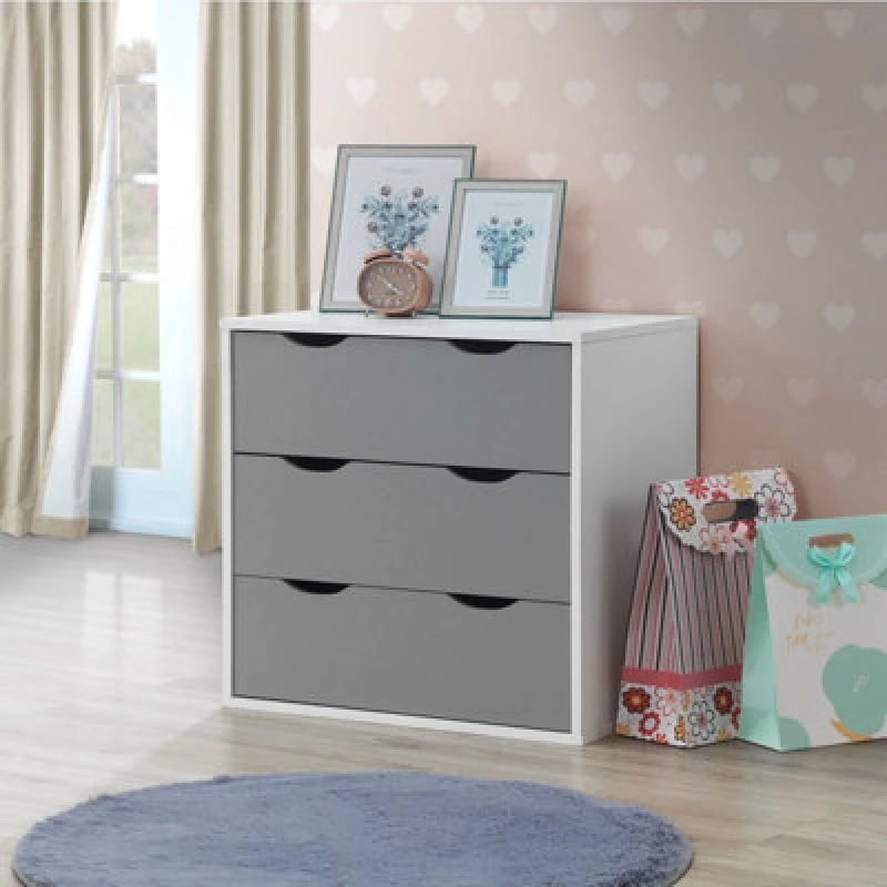 Image of Timber Art Design Alton 3 Drawer Bedroom Cabinet Bedside Chest Of Drawers White & Grey
