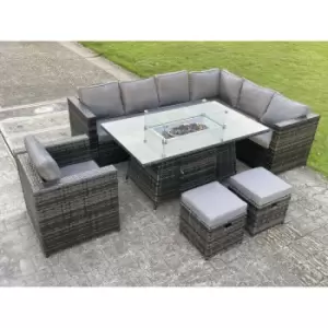 Image of Fimous 7 Seater Outdoor Dark Grey Rattan Lounge Complete Sofa Set with Gas Fire Pit Table, Gas Heater and 2 Stools