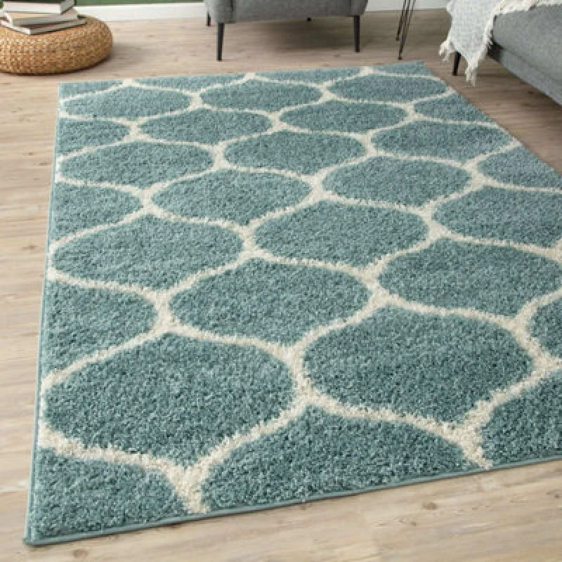 Image of THE RUGS Soft Trellis Shaggy Rugs & Runners Duck Egg Blue Living Room Size: 160cm x 230cm Duck Egg Blue Unisex 160cm x 230 cm